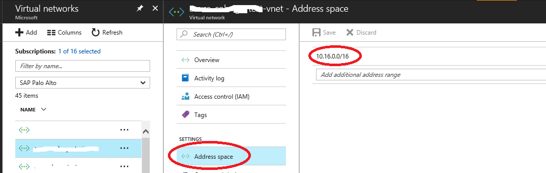 El espacio de direcciones de una red virtual de Azure se muestra en Azure Portal