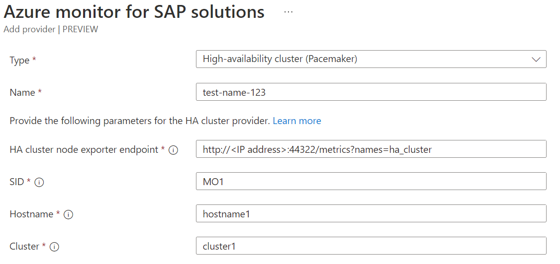 Diagrama que muestra la configuración de un recurso de soluciones de Azure Monitor para SAP, en el que se muestran los campos de los clústeres basados en RHEL.