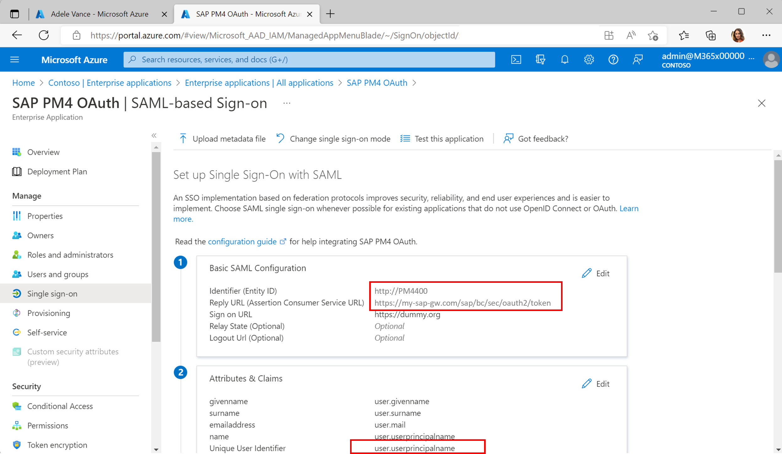 Captura de pantalla en la que se muestra la configuración de SAML2 para la puerta de enlace de SAP con la notificación del UPN.