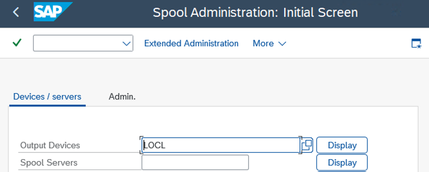 Cuadro de diálogo de ejemplo en la pantalla de entrada SPAD de transacciones de SAP.