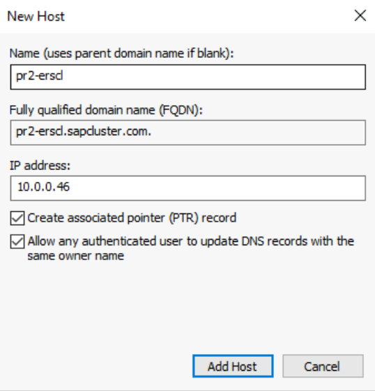 Captura de pantalla que muestra las opciones para definir una entrada DNS para el nombre virtual del clúster de SAP ERS2 y la dirección IP.