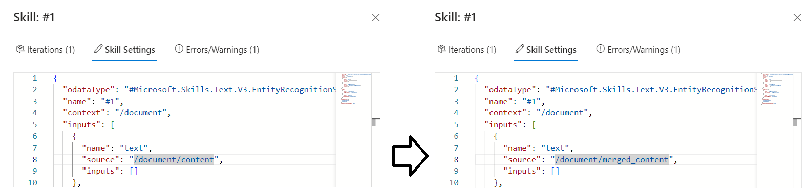 Captura de pantalla del evaluador de expresiones para la entrada de merged_content fija.