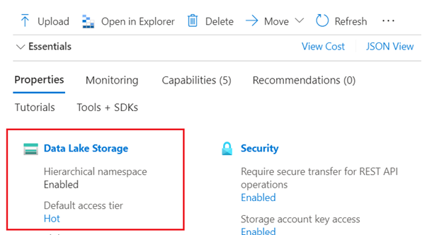 Recorte de pantalla de la página de propiedades de la cuenta de almacenamiento que muestra Data Lake Storage.