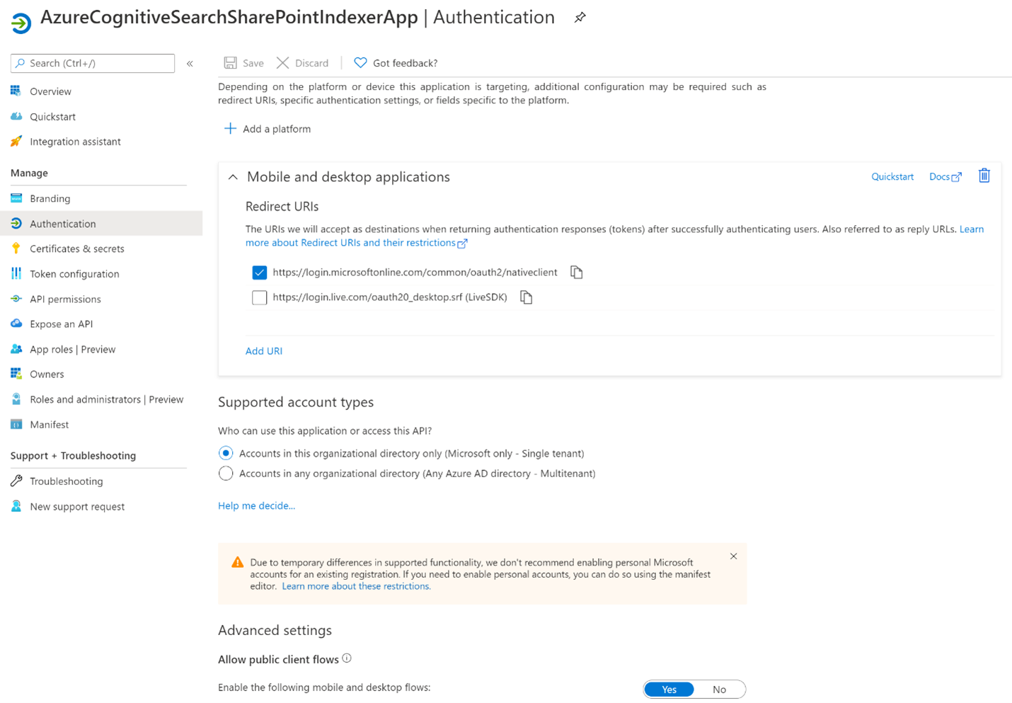 Captura de pantalla que muestra la configuración de autenticación de aplicaciones de Microsoft Entra.