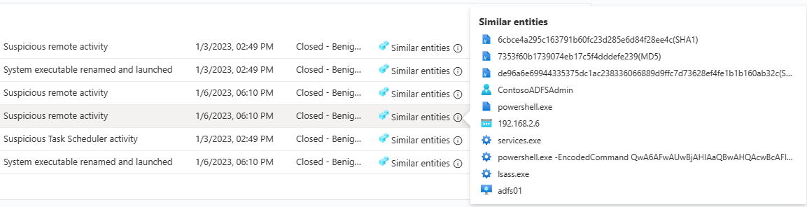 Captura de pantalla de la visualización emergente de detalles de incidentes similares.