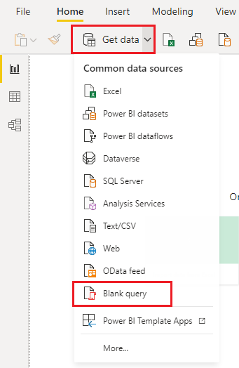 Captura de pantalla que muestra la opción Consulta en blanco seleccionada en Obtener datos en Power BI Desktop.