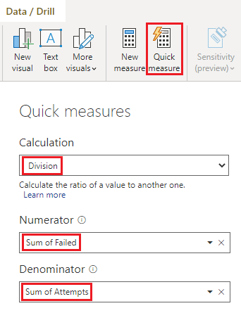 Captura de pantalla que muestra la configuración en la ventana Medidas rápidas.