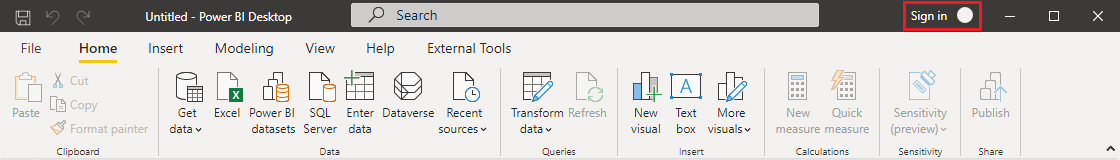 Captura de pantalla que muestra el inicio de sesión en Power BI Desktop.