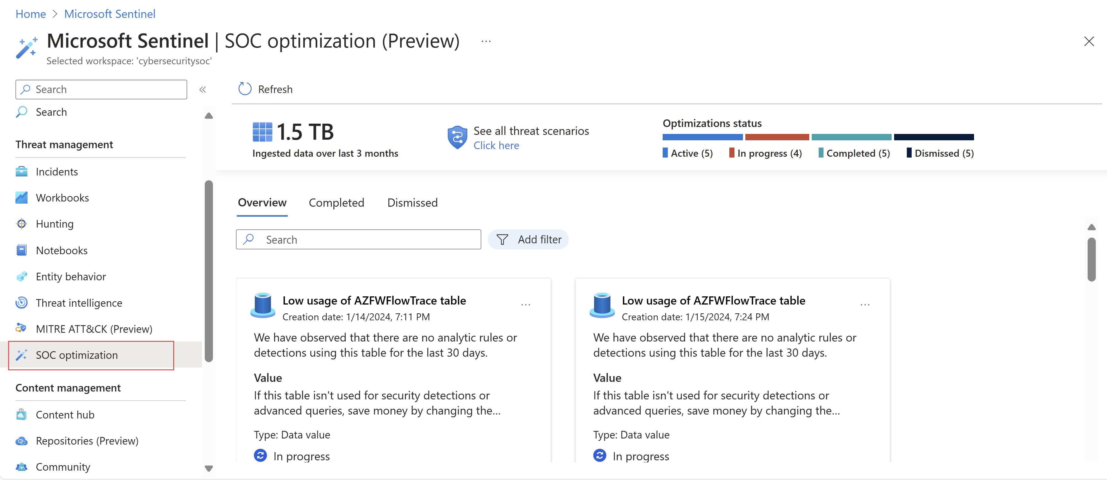 Captura de pantalla de la página de optimización de SOC en Azure Portal.