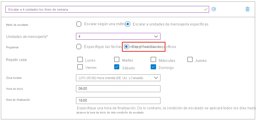 Escalar a un número específico de unidades de mensajería: repetir días específicas