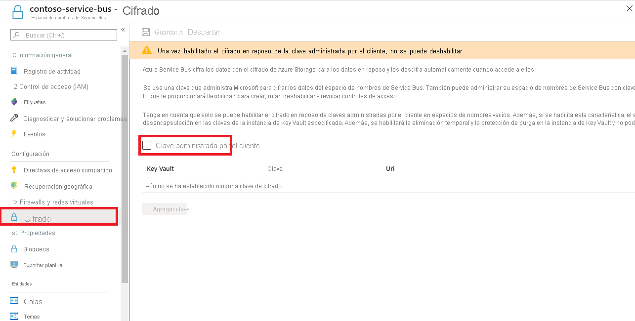 Captura de pantalla que muestra cómo habilitar una clave administrada por el cliente.