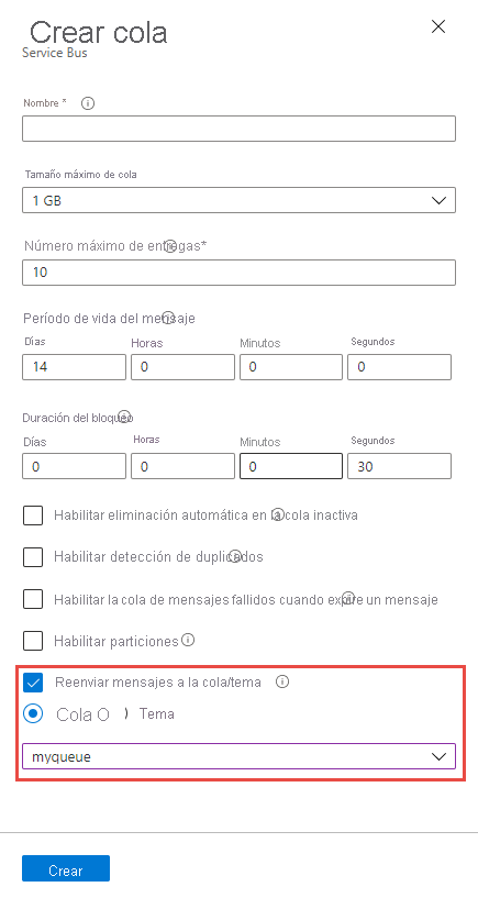 Habilitación del reenvío automático en el momento de creación de la cola