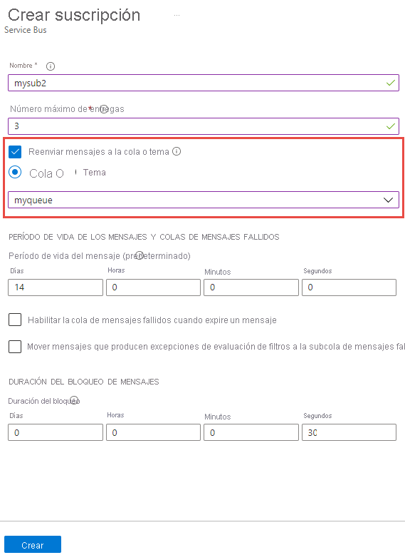 Habilitación del reenvío automático en el momento de creación de la suscripción