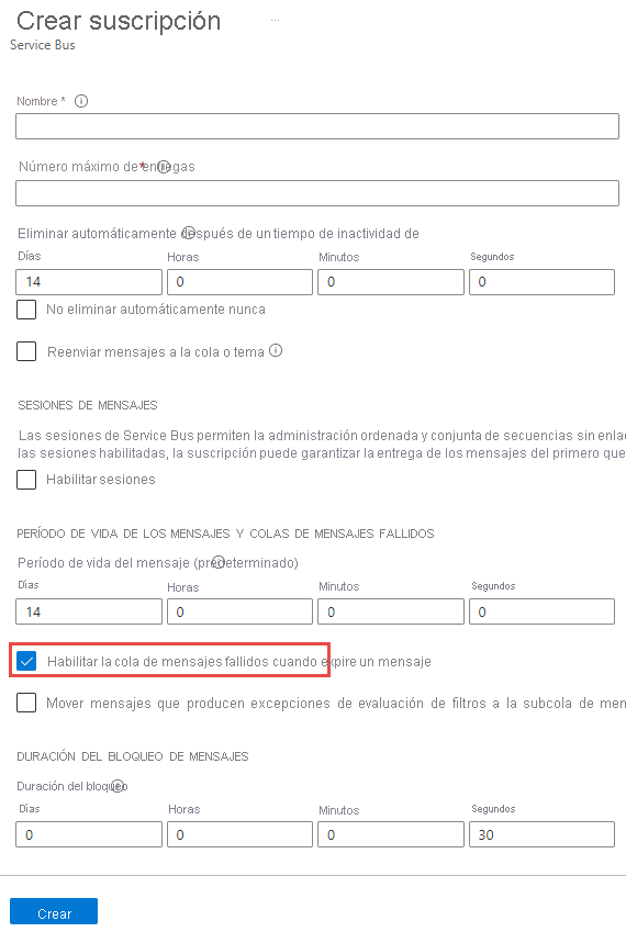 Habilitación de la cola de mensajes fallidos en el momento de creación de la suscripción