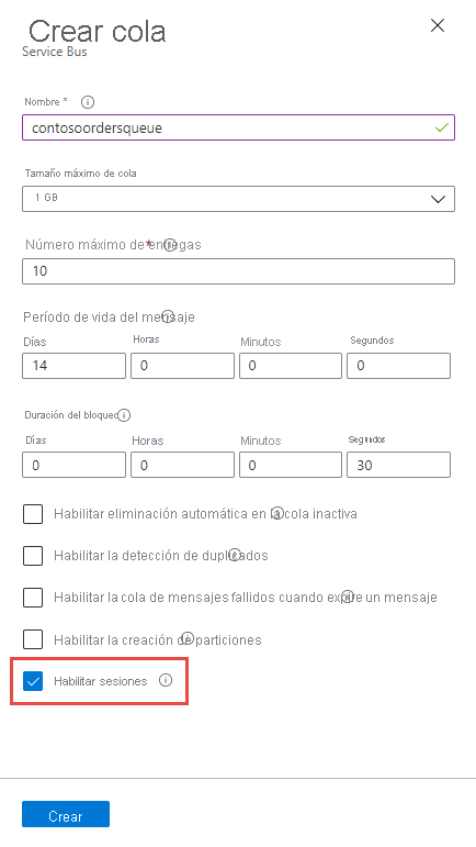 Enable session at the time of the queue creation