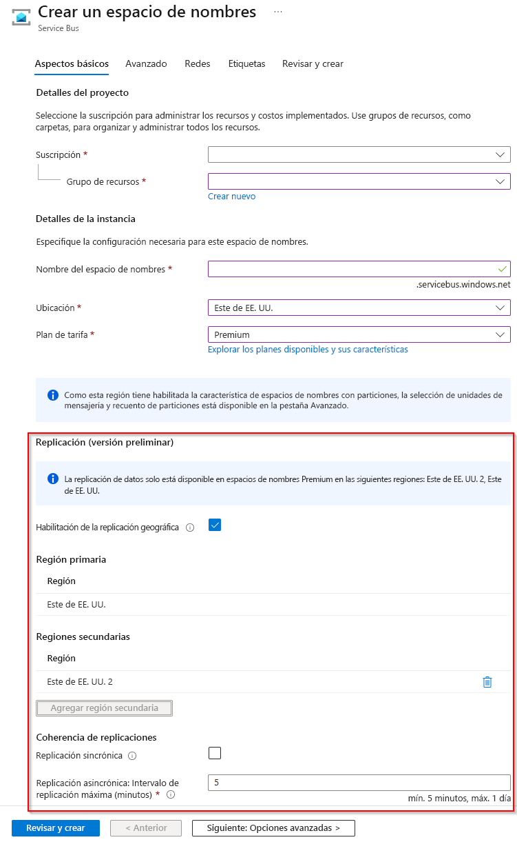 Captura de pantalla que muestra la experiencia Crear espacio de nombres con replicación geográfica habilitada.