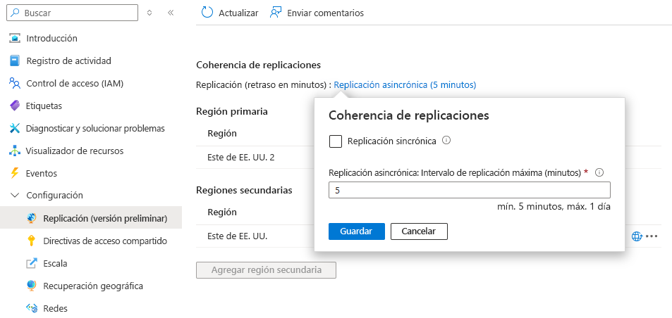 Captura de pantalla que muestra cómo actualizar la configuración de la característica replicación geográfica.