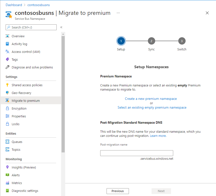 Imagen que muestra la página de configuración de espacios de nombres.