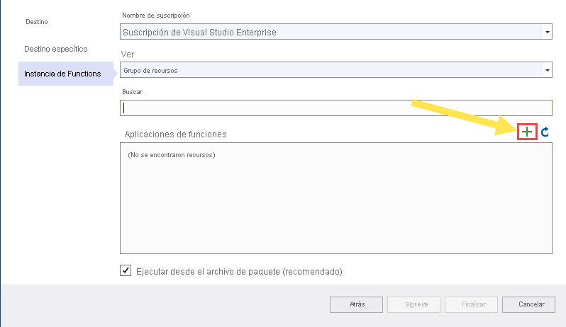 Imagen que muestra el botón Agregar función del cuadro de diálogo Visual Studio- Publicar.