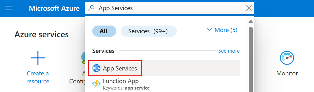 Captura de pantalla de Azure Portal con la opción App Services seleccionada.