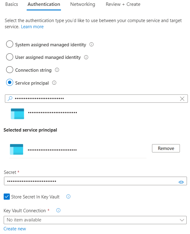 Captura de pantalla de Azure Portal en la que se muestra la configuración de autenticación básica para autenticarse con una entidad de servicio.