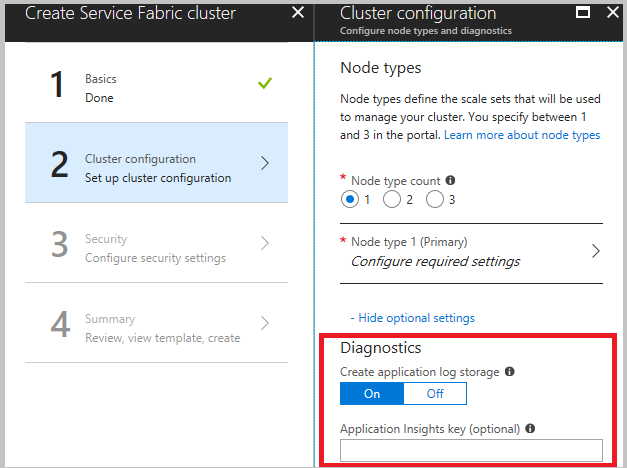 Configuración de Diagnósticos de Azure en el portal para crear un clúster