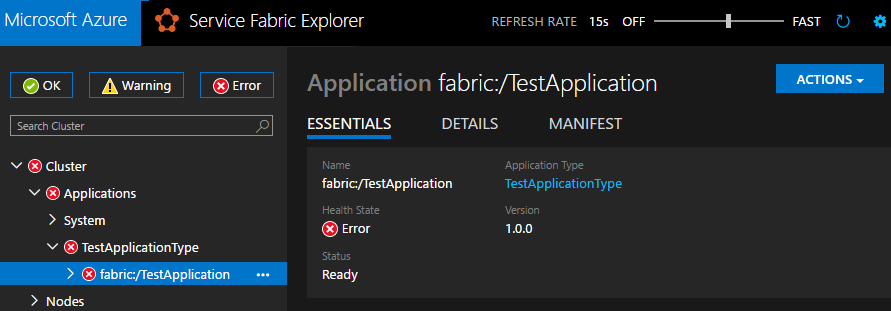 Aplicación no correcta en el explorador de Service Fabric