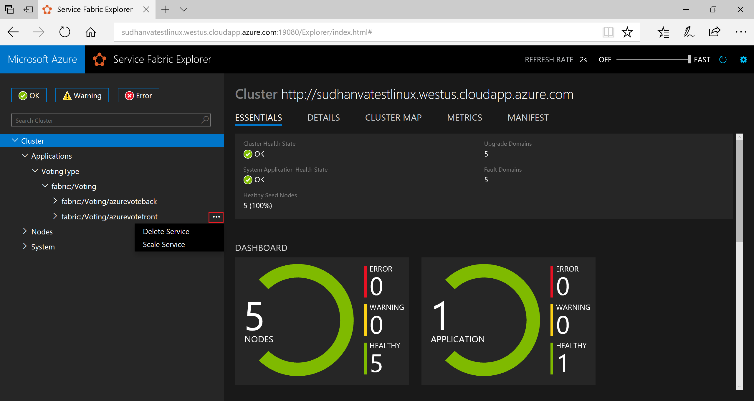 Inicio del servicio de escalado de Service Fabric Explorer