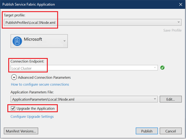 Configuración de actualización del cuadro de diálogo de publicación