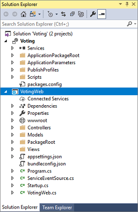 Captura de pantalla que muestra el Explorador de soluciones después de crear la aplicación mediante el servicio de API web ASP.NET Core.