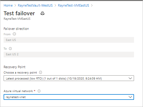 Página de configuración de la conmutación por error de prueba