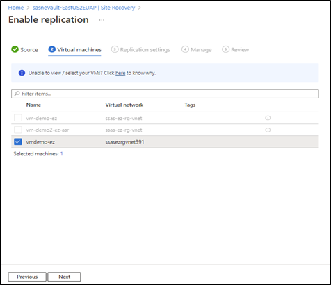 Captura de pantalla de la pestaña Máquinas virtuales del formulario Habilitar replicación