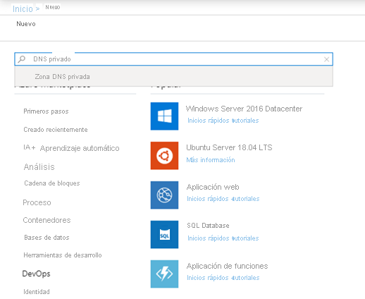 Captura de pantalla que muestra una zona DNS privada en la página de nuevos recursos de Azure Portal.