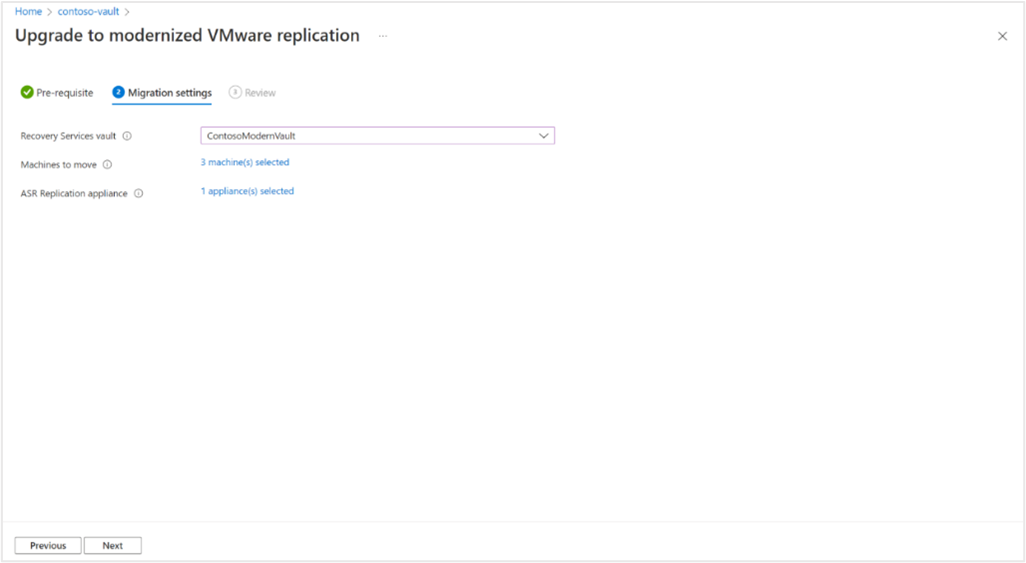 Captura de pantalla que muestra la configuración de migración.