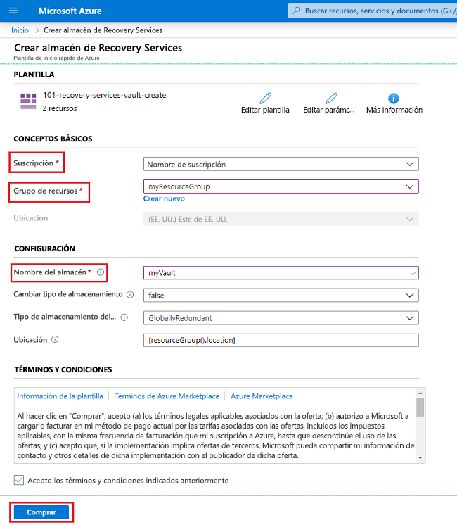 Plantilla para crear un almacén de Recovery Services.