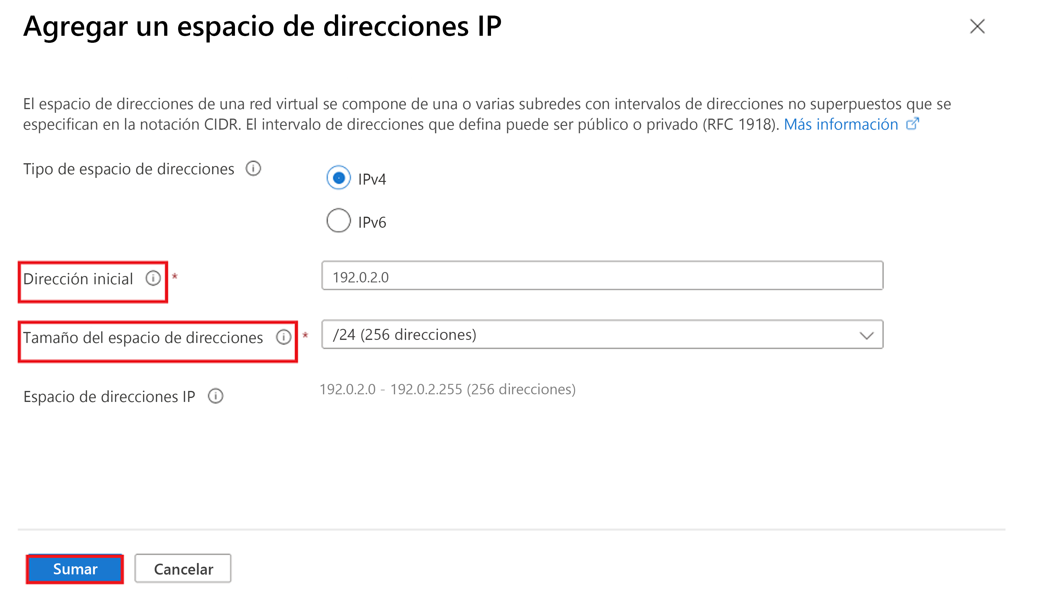 Captura de pantalla en la que se muestran las selecciones para agregar un espacio de direcciones IP para una red virtual.