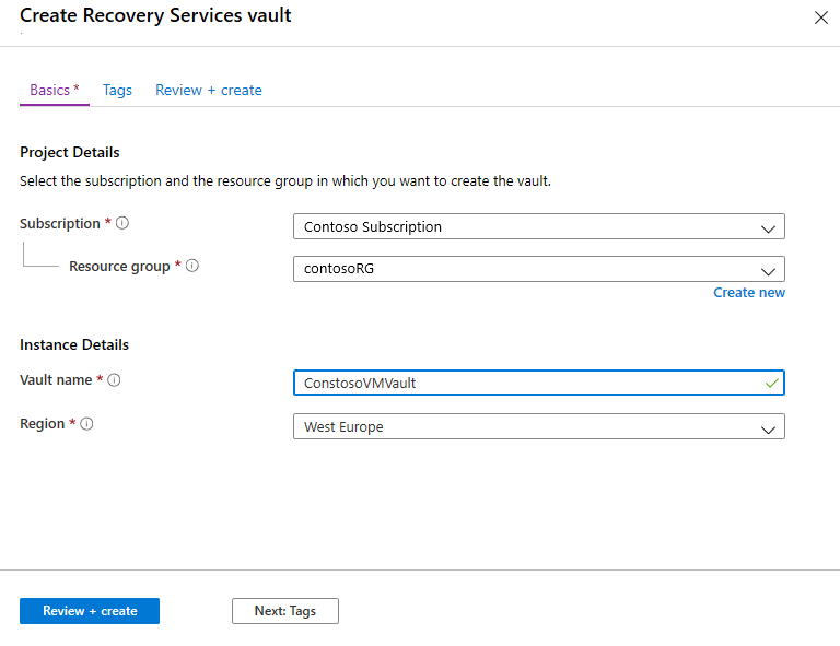 Captura de pantalla de las opciones básicas para crear un almacén de Recovery Services.