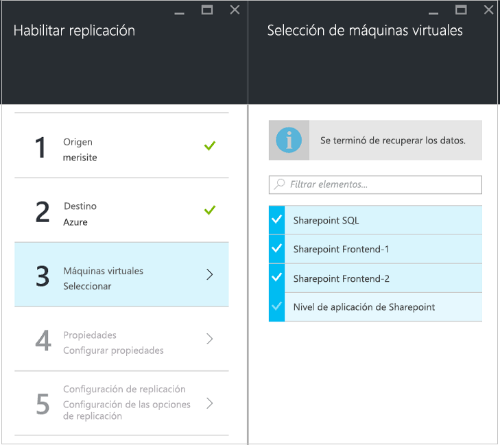 Ventana Habilitar la replicación: Seleccionar máquinas virtuales