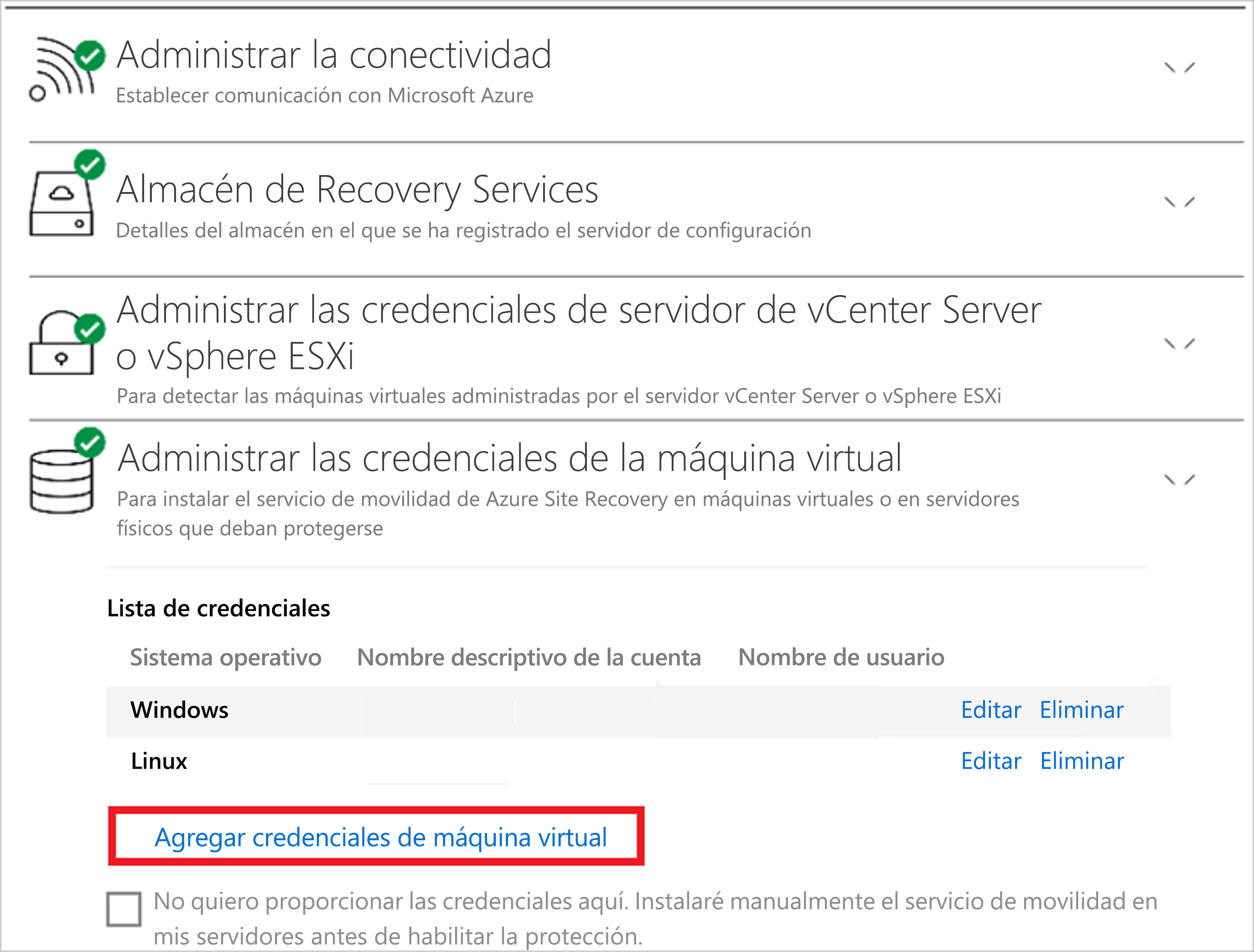 Captura de pantalla que muestra el panel Administrar las credenciales de la máquina virtual con el vínculo Agregar credenciales de máquina virtual.