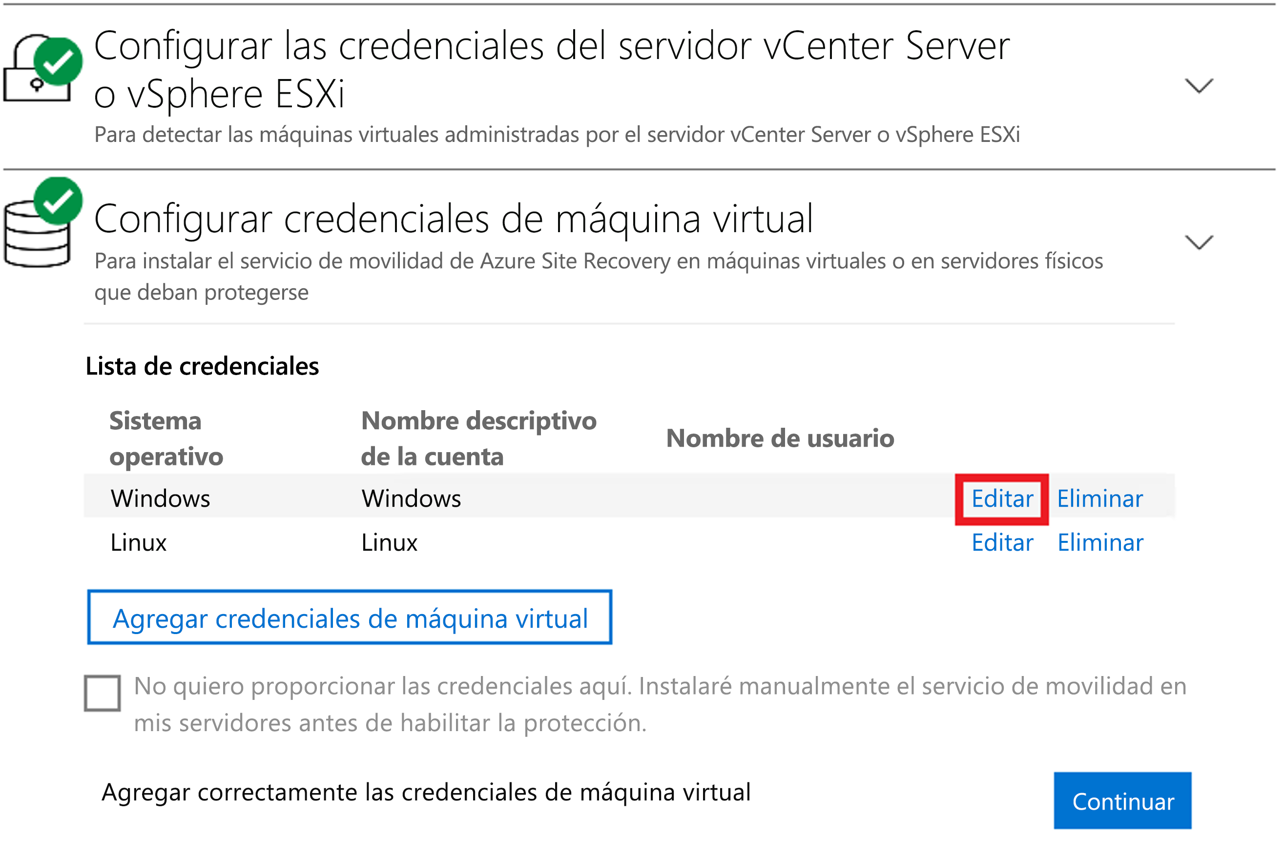 Modificación de las credenciales de Mobility Service