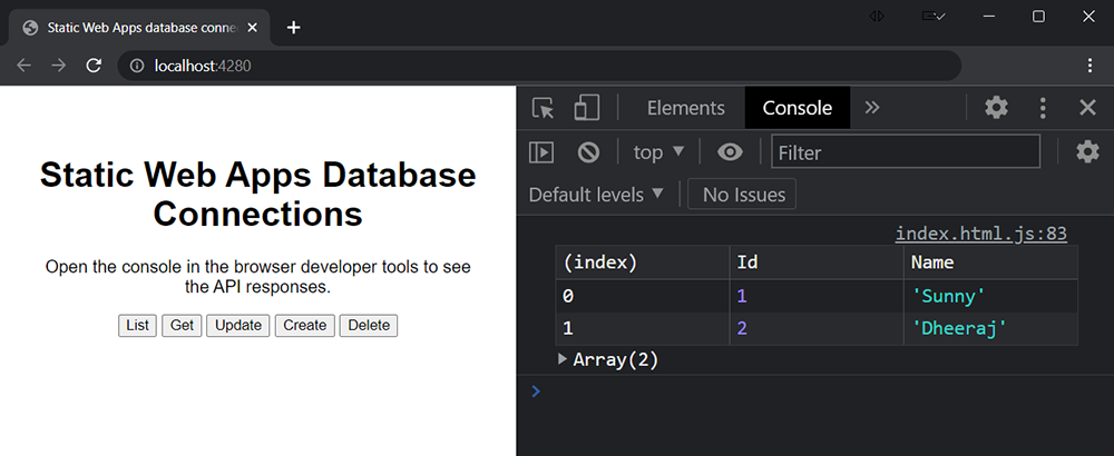 Explorador web que muestra los resultados de Cosmos DB en la ventana de la consola de las herramientas para desarrolladores.