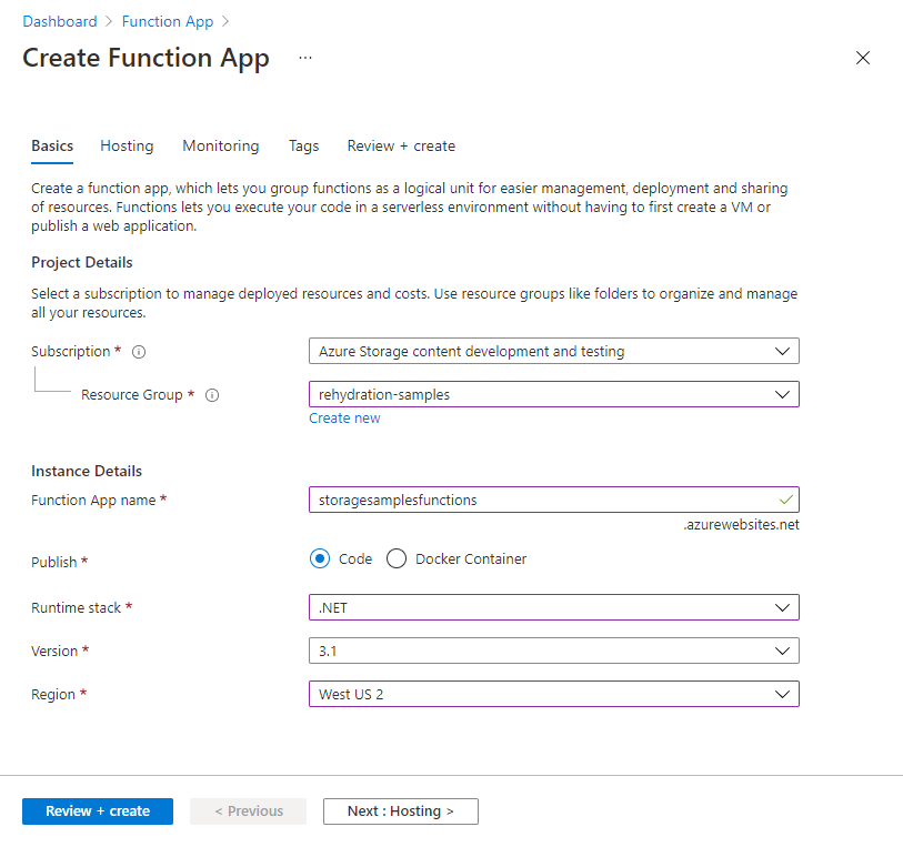 Captura de pantalla que muestra cómo crear una nueva aplicación de funciones en Azure: pestaña Aspectos básicos