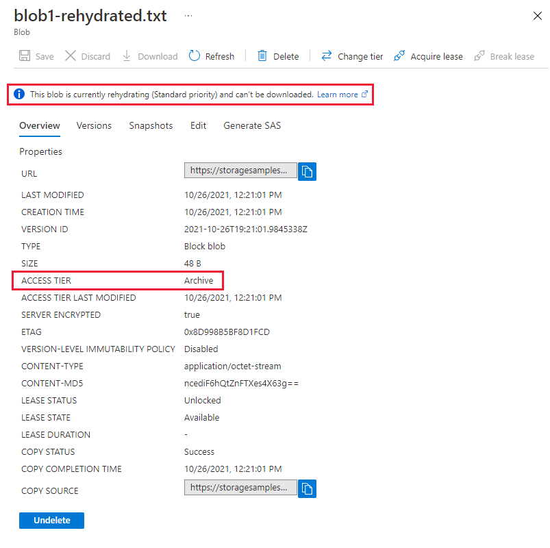 Screenshot showing destination blob in archive tier and rehydrating with Standard priority.