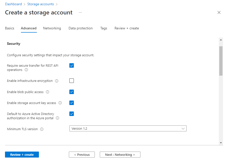 Captura de pantalla que muestra cómo configurar la autorización predeterminada de Microsoft Entra en Azure Portal para la nueva cuenta