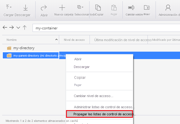 Clic con el botón derecho en un directorio y elección de la opción Propagar control de acceso