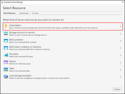 Captura de pantalla en la que se muestra el panel Seleccionar recurso del Explorador de Microsoft Azure Storage