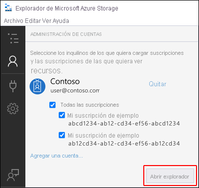 Screenshot that shows Microsoft Azure Storage Explorer, and highlights the Account Management pane and Open Explorer button.