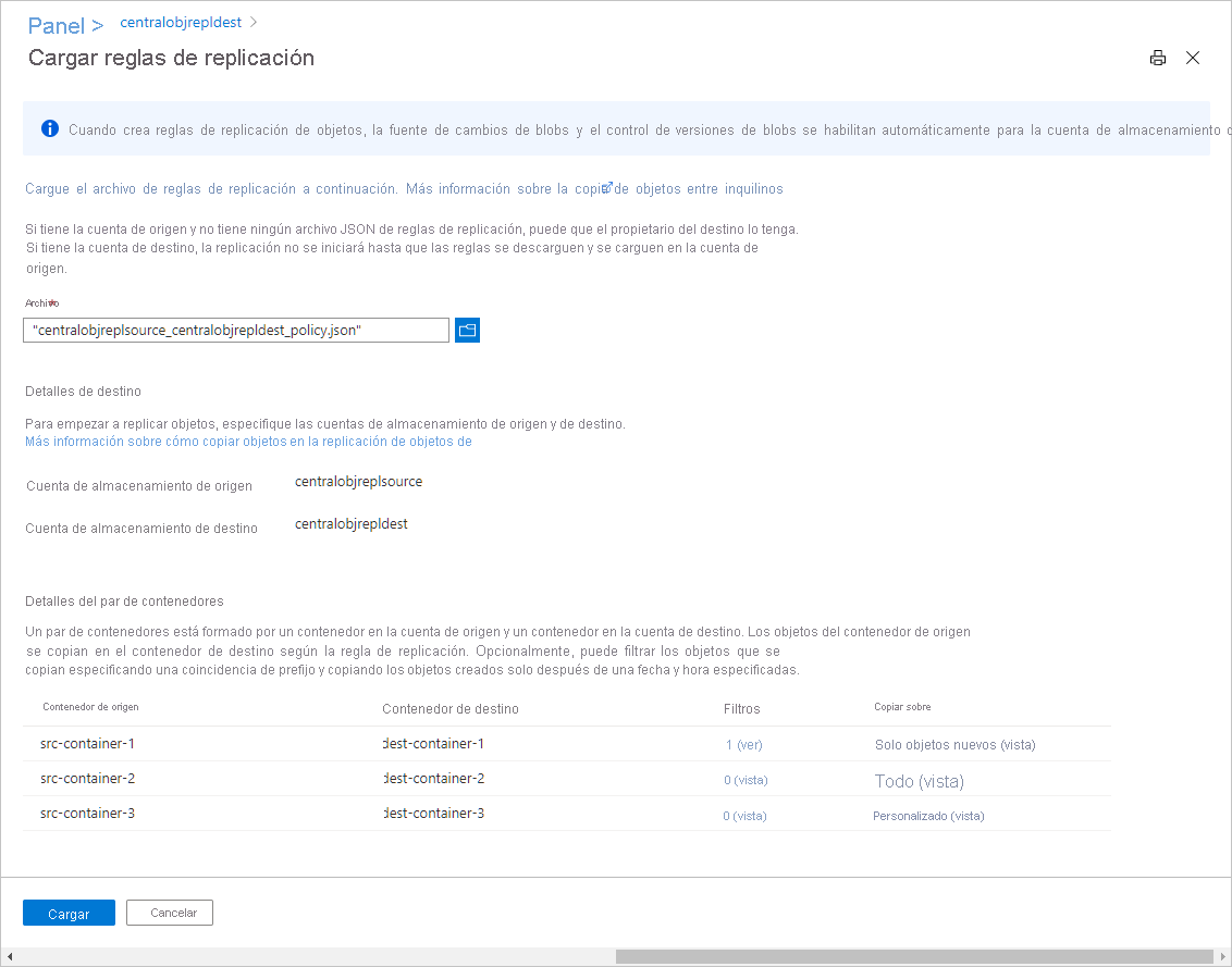 Screenshot showing how to upload a JSON file to define a replication policy