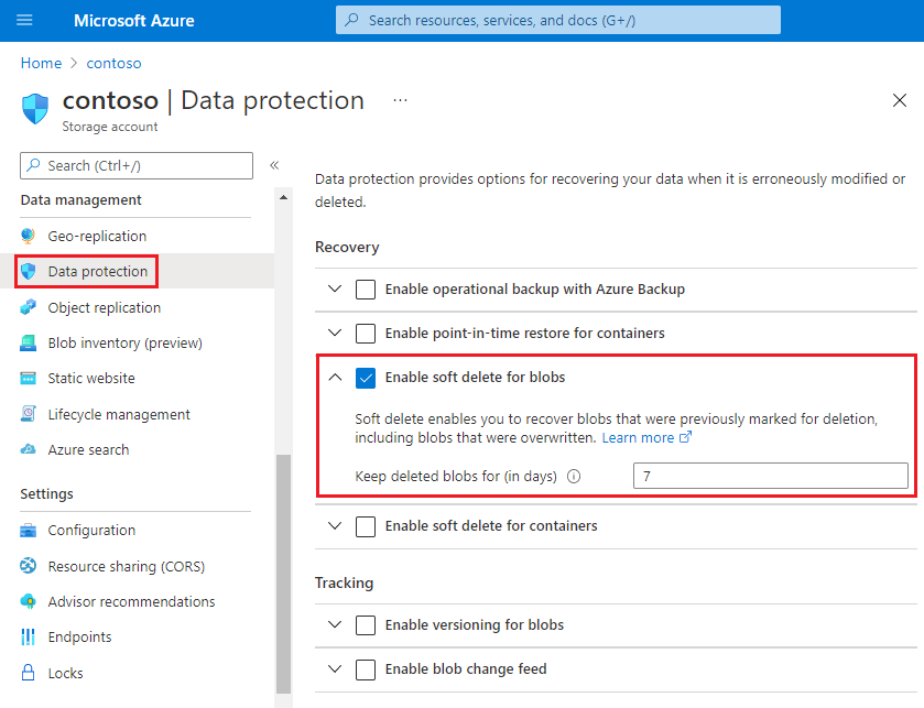 Instantánea en la que se muestra cómo habilitar la eliminación temporal en Azure Portal