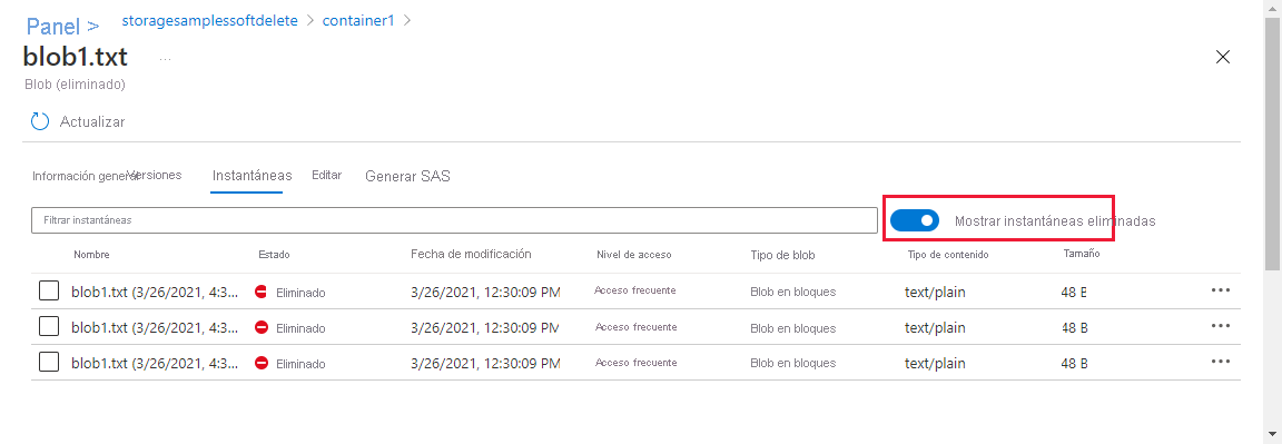 Captura de pantalla en la que se muestra cómo mostrar instantáneas eliminadas en Azure Portal.